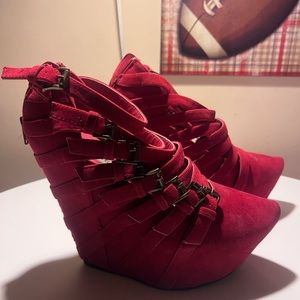 Unique red buckle platform bootie